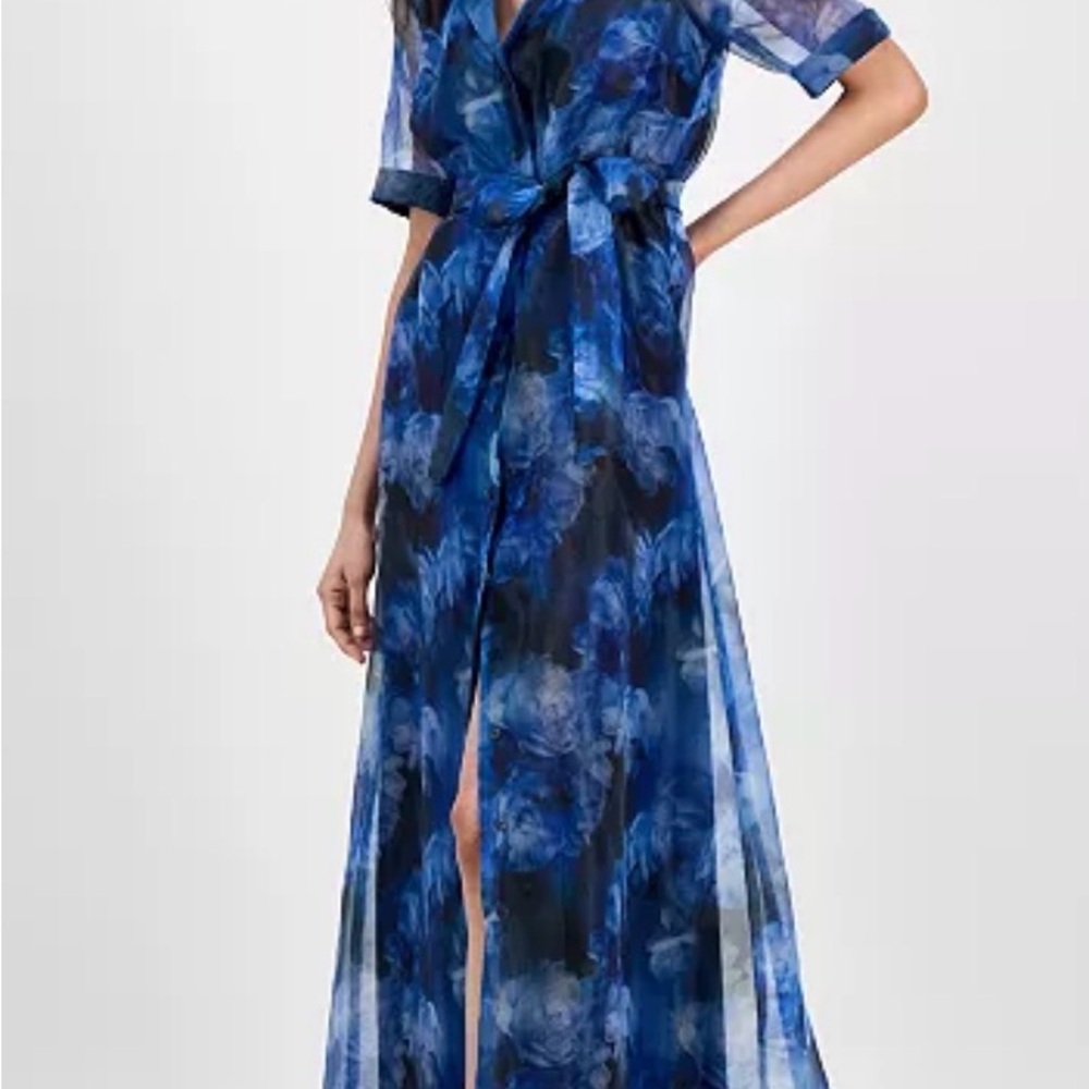 julia jordan Blue Floral Sheer Maxi Dress with Tie Waist Size 4